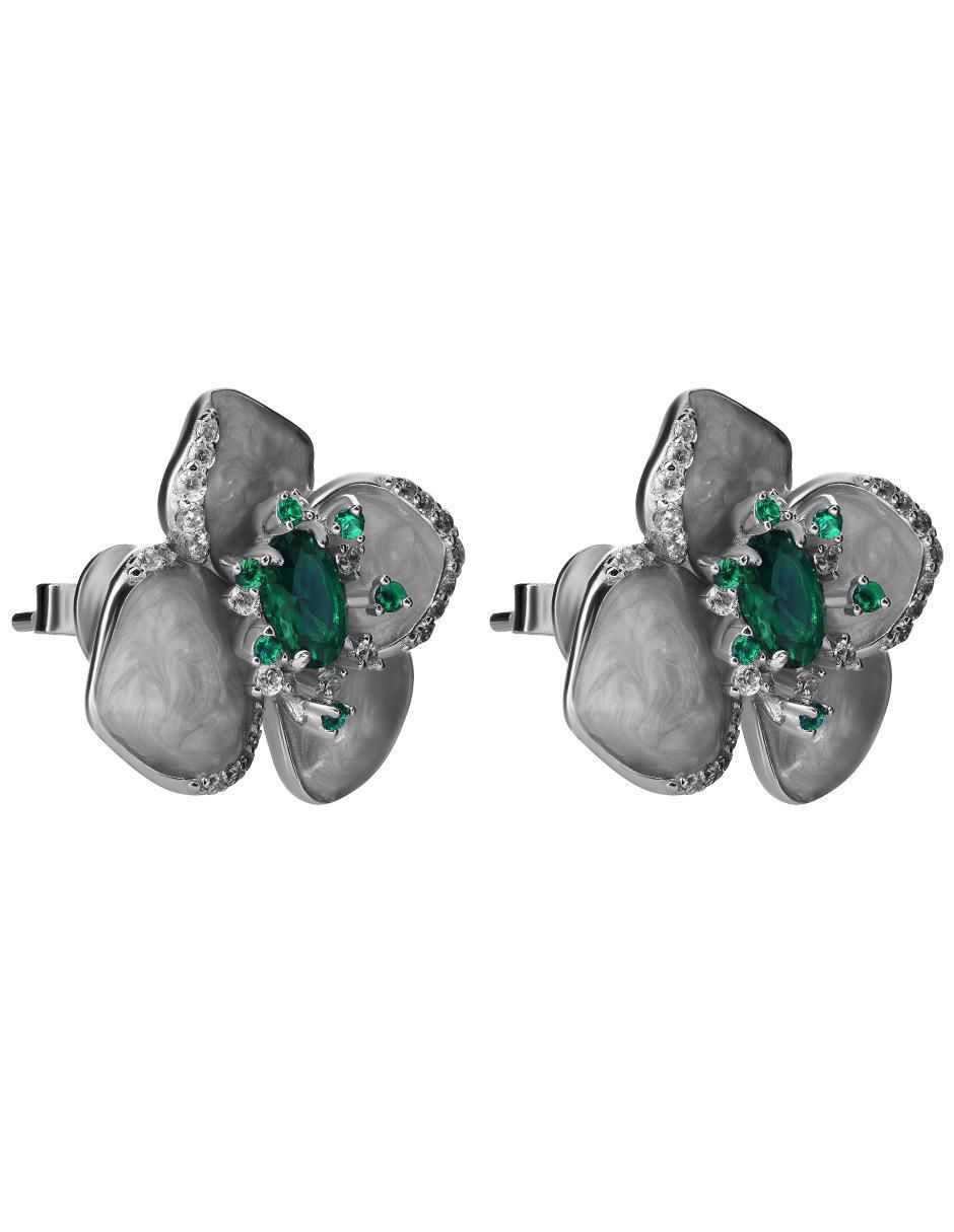 Aretes cortos de flor Gladkova Joyería de plata P 925 con acabado brillante esmeralda
