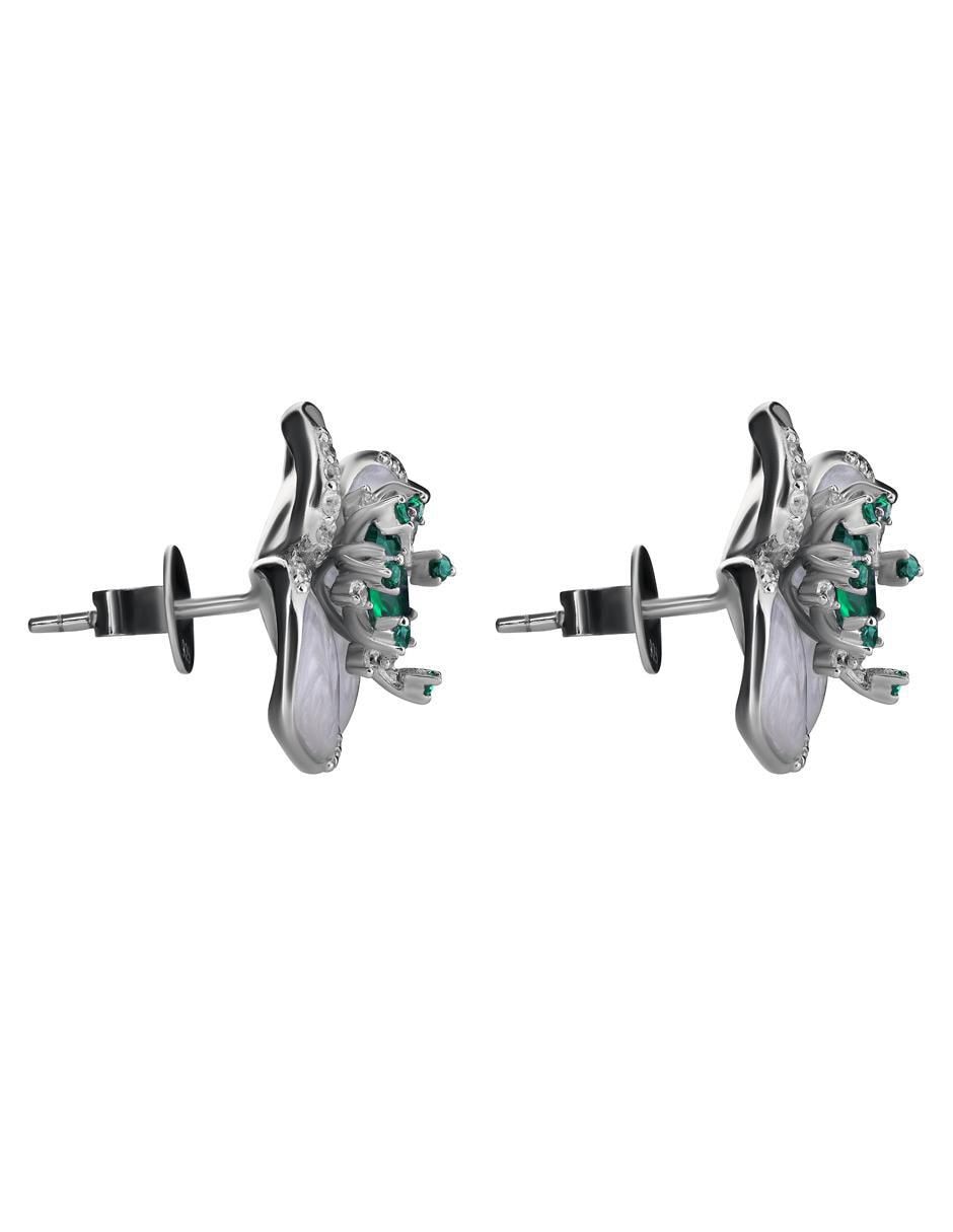 Aretes cortos de flor Gladkova Joyería de plata P 925 con acabado brillante esmeralda
